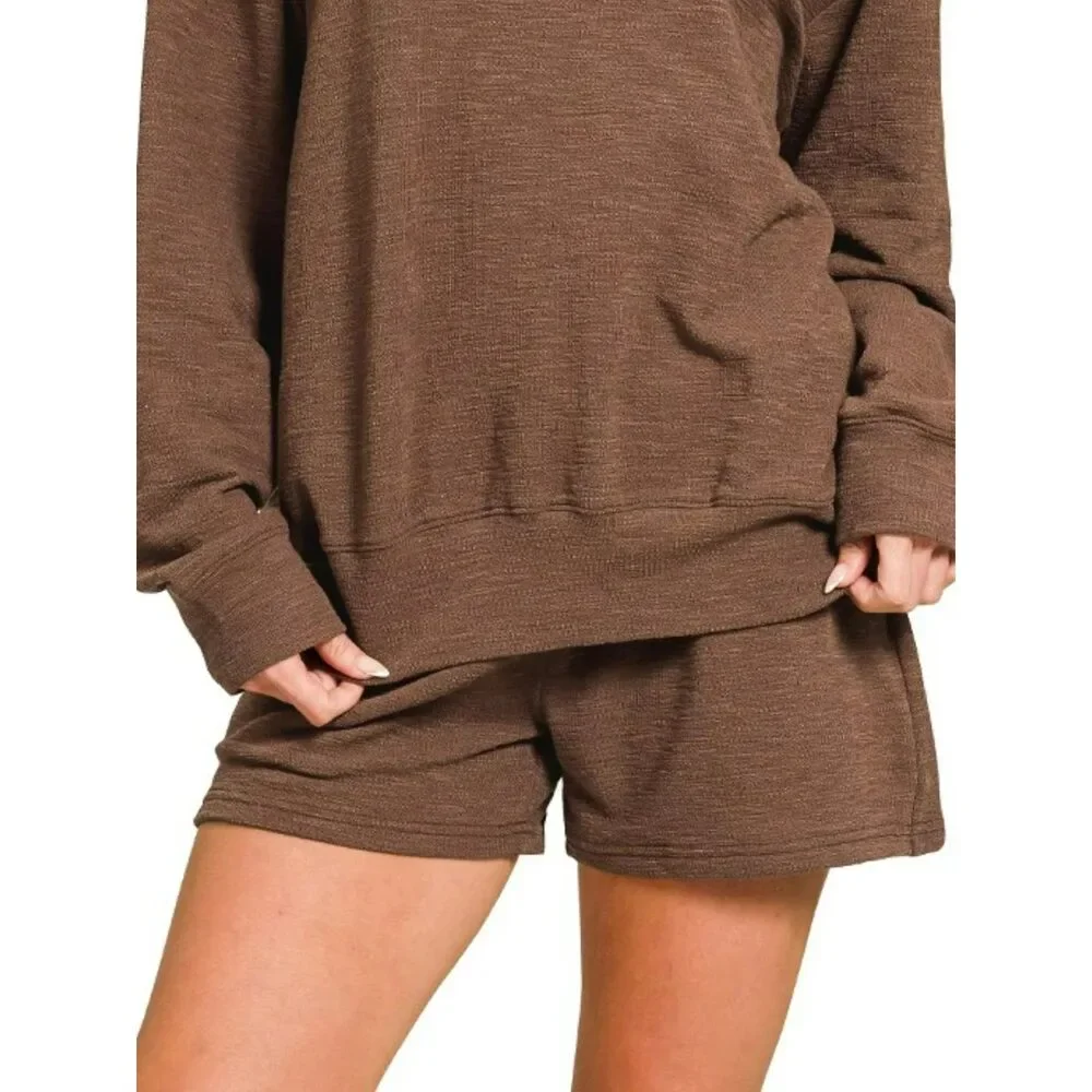 Zenana Slub Long Sleeve Top and Shorts Set